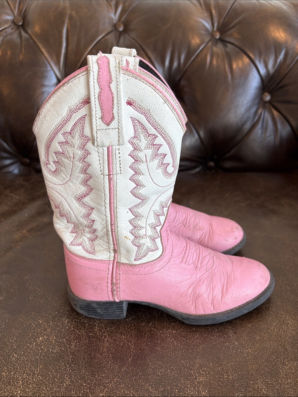 Old West Pink and White Girls Cowboy Boots - Western Stitch Detail Size 11